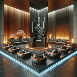 luxurious modern throne room lounge, wide corner shot from eleva...