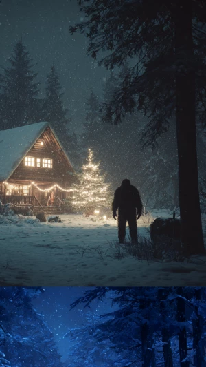 So me a winter Christmas scene in the woods with snow falling an...