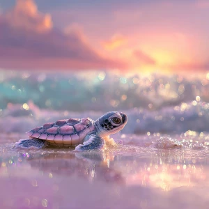 A baby sea turtle named Tika making its way across the damp, yie...