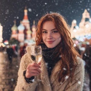 A woman standing on Moscow Red square, holding a sparkling glass...
