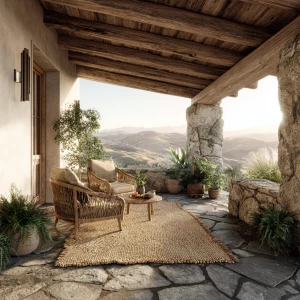 Create a realistic image of an outdoor veranda featuring wooden...