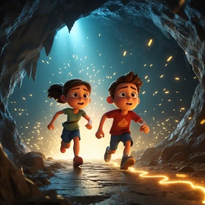 2D cartoon animation of the boy and girl running out of the trem...
