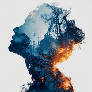 a double exposure depicting the silhouette of an adult female he...