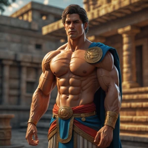 Generate a detailed image of a muscular prince in a regal settin...