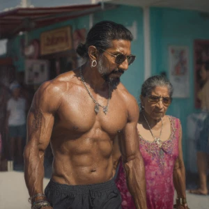Hyperrealism,oil painting.a muscular sweaty indian man, walking...