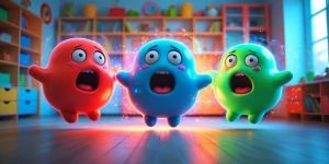 Bright kids room, three floating anthropomorphic blobs of pure c...