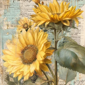 Sunflower junk journal page, beautiful full blooming sunflowers,...