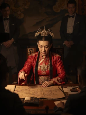 empress Wu Zetian seated at a desk with of tang dynasty maps and...