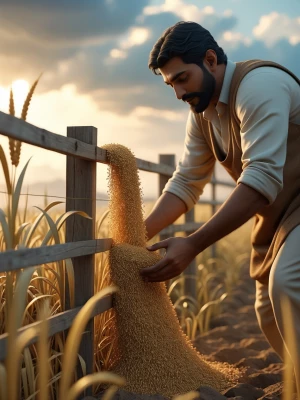 Heartwarming cinematic 3D scene of Farmer Ramayya placing extra...