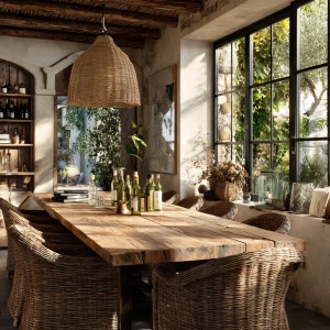 Create an image of a rustic Italian dining space featuring a lar...