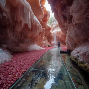 Walk along a path inside a halite canyon while water gently flow...
