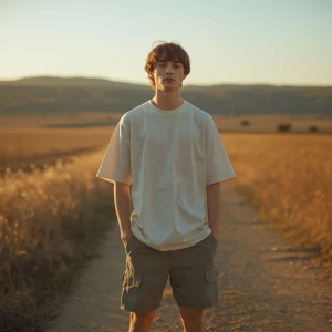 A young male model standing on a countryside dirt path during go...