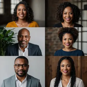 Create detailed, separate portrait images of two men, a white wo...