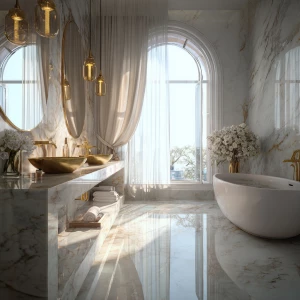 Design a luxurious Italian white marble bathroom featuring a dou...