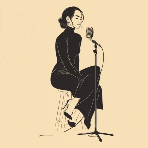 An beautiful womanis seated before a microphone