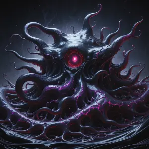 A grotesquely magnificent gothic amoeba blob creature, its form...