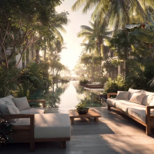 Create a realistic image of a luxurious outdoor resort patio fea...