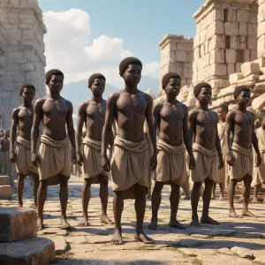 A group of bare-chested slave boys standing in a bustling ancien...