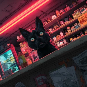 A masked humanoid cat. Hostage cat trembling behind the counter,...
