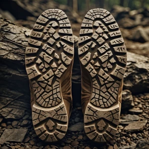 Create an image of a worn-out pair of Hilichurl soles, showing i...