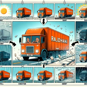 A orange shipping truck with Rajdhani written on it driving thro...