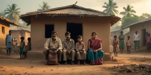 A small mud house in an Indian village, poor family sitting toge...