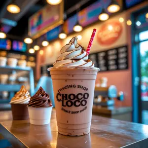 Show an enticing view of Choco Loco, a vibrant shake shop oozing...