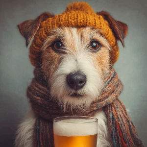 A dog holding beer