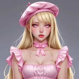 Light blonde long hair, side swept bangs to the right, light pin...