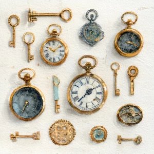 Prompt: Pocket-watch bezels, small gears, keys—flat watercolor o...
