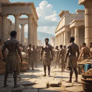In the bustling ancient slave market of Delos, imagine the scene...