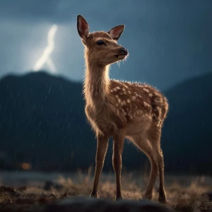 Baby fawn standing strong in storm rain in the spring, lightning...