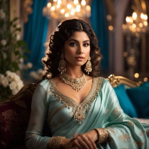 create a image shows a woman seated on a bed in an elegant setti...