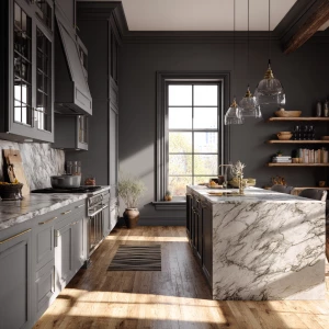 Create a sophisticated and modern kitchen scene featuring matte...
