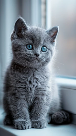 adorable gray british shorthair kitten with big bright blue eyes...