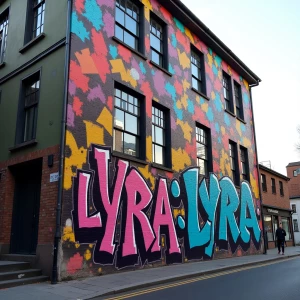 Generate an image of a city building with colorful and vibrant g...