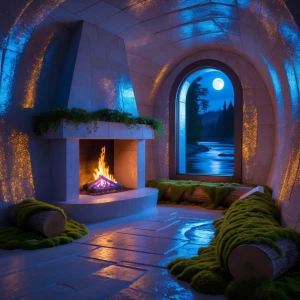 Create an image of a stone fireplace glow chamber: Picture a hea...