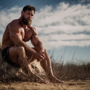 A close-up portrait of a muscular white man with a beard, sittin...