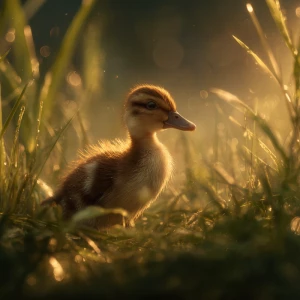 A baby call duck gently waddles through a field of lush green gr...