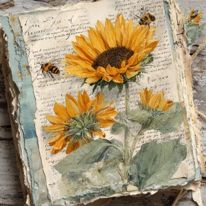 Sunflower and bee junk journal page, vintage paper collage with...
