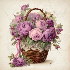 Victorian Mauve Rose Basket – 2 Large Journaling Cards (Ribboned...
