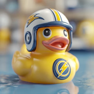 Create a dynamic 3D image of a playful rubber duck sporting a fo...
