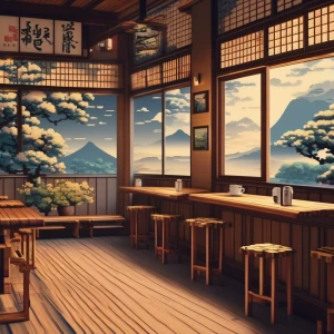 An old Japanese coffee shop, wooden tables and chairs, long wood...