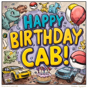 Banner states,
“Happy Birthday Cab!
February 4”
(comic style; de...