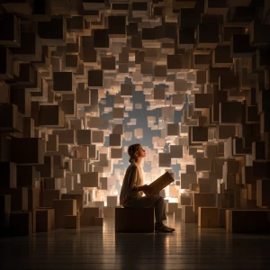 Woman opens a box inside a box to infinity surrounded by boxes