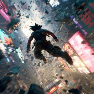 A lone warrior unleashing a gravity pulse in a neon-lit cityscap...