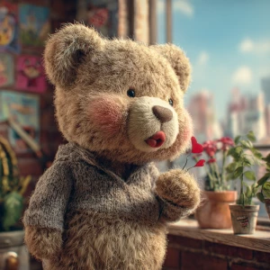 Show me a really hyper cute teddy bear giving a kiss to the scee...