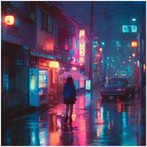 اجعل شخص يجري وراء فتات صغيرة Rainy street reflections, neon sig...