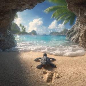 A baby sea turtle named Tika making her first journey toward the...