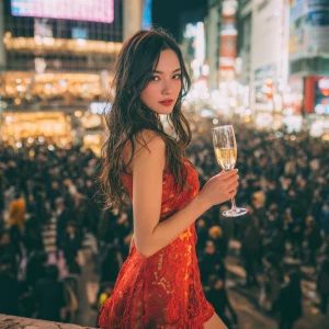 A young woman with long flowing hair and a bright red dress, sta...